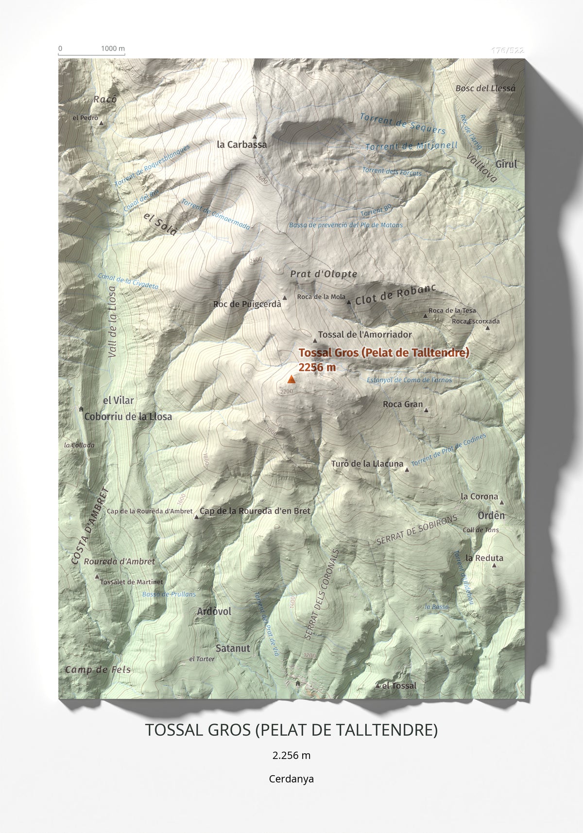 Mapa de relieve de Tossal Gros (Pelat de Talltendre), 2256 m, Cerdanya, lámina 100 Cims de Trobart 21 × 30 cm.