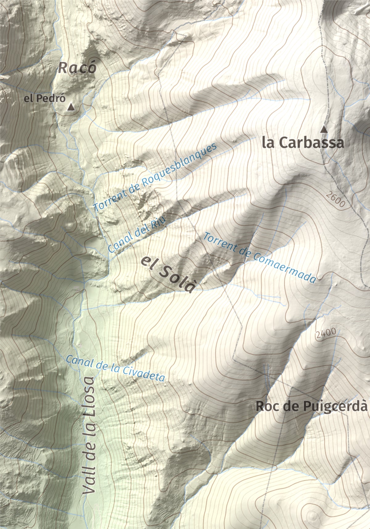 Mapa de relieve de Tossal Gros (Pelat de Talltendre), 2256 m, Cerdanya, lámina 100 Cims de Trobart. Detalle de la zona superior izquierda. 21 × 30 cm.