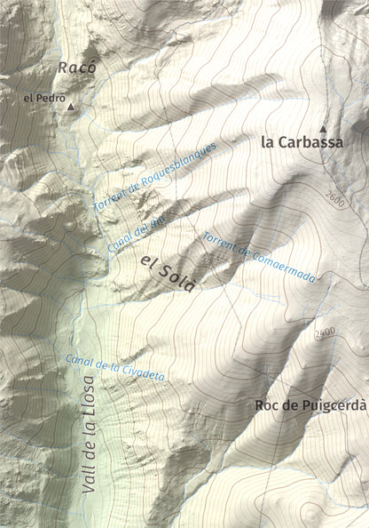 Mapa de relieve de Tossal Gros (Pelat de Talltendre), 2256 m, Cerdanya, lámina 100 Cims de Trobart. Detalle de la zona superior izquierda. 21 × 30 cm.
