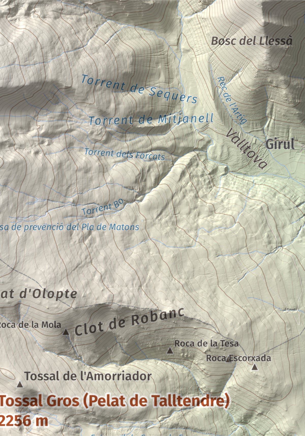 Mapa de relieve de Tossal Gros (Pelat de Talltendre), 2256 m, Cerdanya, lámina 100 Cims de Trobart. Detalle de la zona superior derecha. 21 × 30 cm.