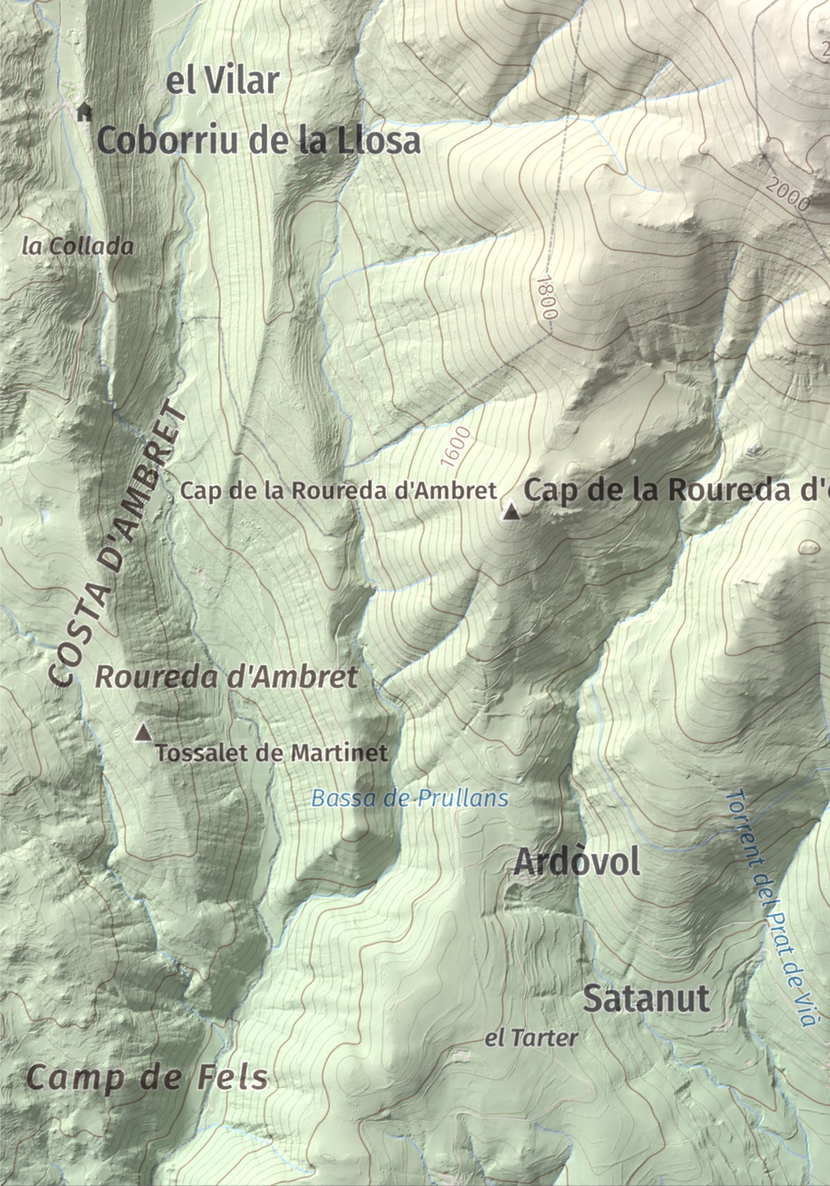 Mapa de relieve de Tossal Gros (Pelat de Talltendre), 2256 m, Cerdanya, lámina 100 Cims de Trobart. Detalle de la zona inferior izquierda. 21 × 30 cm.