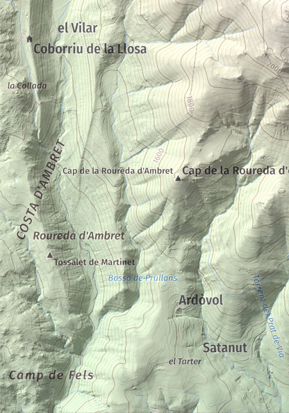 Mapa de relieve de Tossal Gros (Pelat de Talltendre), 2256 m, Cerdanya, lámina 100 Cims de Trobart. Detalle de la zona inferior izquierda. 21 × 30 cm.