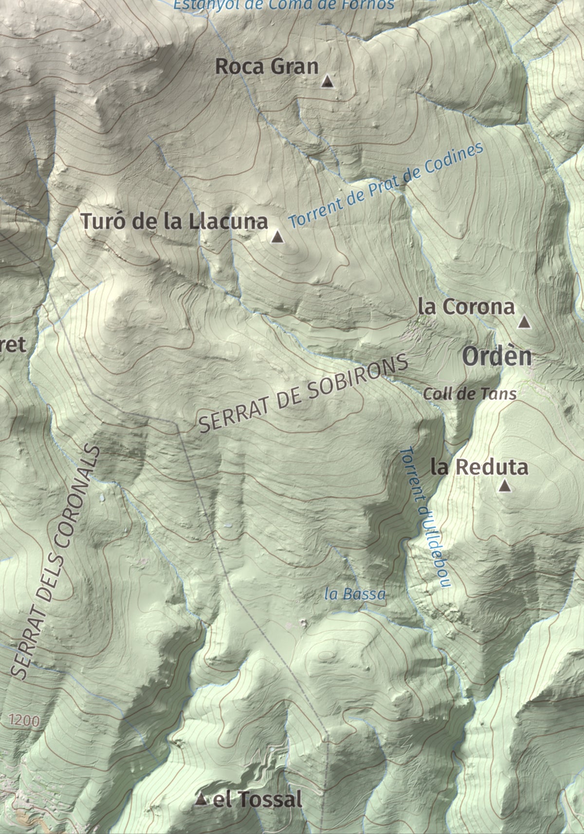 Mapa de relieve de Tossal Gros (Pelat de Talltendre), 2256 m, Cerdanya, lámina 100 Cims de Trobart. Detalle de la zona inferior derecha. 21 × 30 cm.