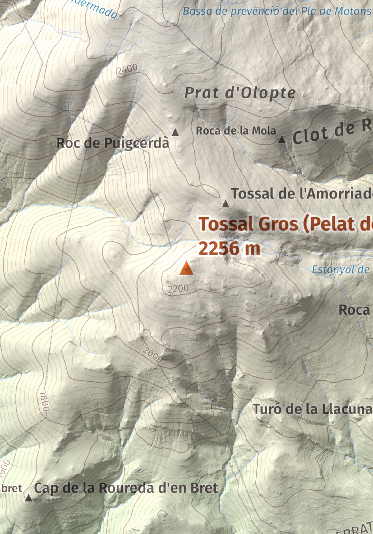 Mapa de relieve de Tossal Gros (Pelat de Talltendre), 2256 m, Cerdanya, lámina 100 Cims de Trobart. Detalle de la zona central. 21 × 30 cm.
