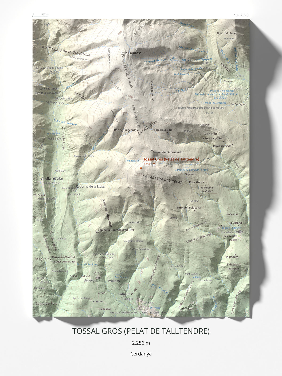 Mapa de relieve de Tossal Gros (Pelat de Talltendre), 2256 m, Cerdanya, lámina 100 Cims de Trobart 30 × 40 cm.