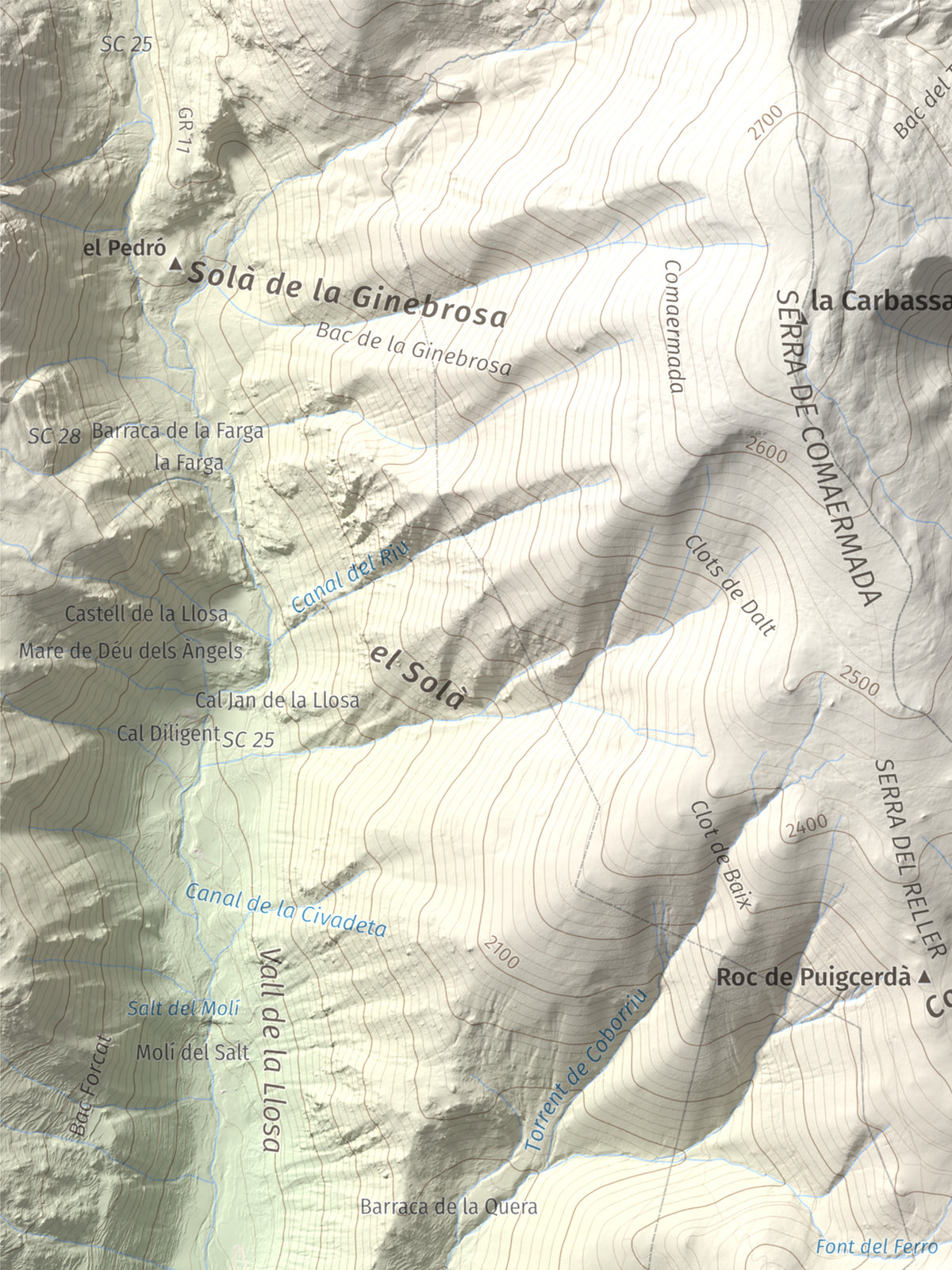 Mapa de relieve de Tossal Gros (Pelat de Talltendre), 2256 m, Cerdanya, lámina 100 Cims de Trobart. Detalle de la zona superior izquierda. 30 × 40 cm.