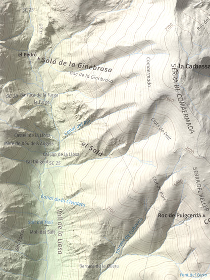 Mapa de relieve de Tossal Gros (Pelat de Talltendre), 2256 m, Cerdanya, lámina 100 Cims de Trobart. Detalle de la zona superior izquierda. 30 × 40 cm.