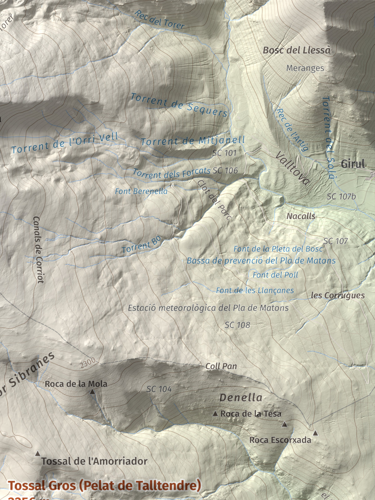 Mapa de relieve de Tossal Gros (Pelat de Talltendre), 2256 m, Cerdanya, lámina 100 Cims de Trobart. Detalle de la zona superior derecha. 30 × 40 cm.