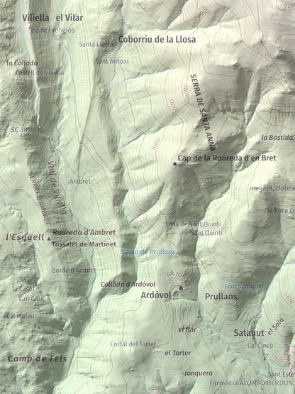 Mapa de relieve de Tossal Gros (Pelat de Talltendre), 2256 m, Cerdanya, lámina 100 Cims de Trobart. Detalle de la zona inferior izquierda. 30 × 40 cm.