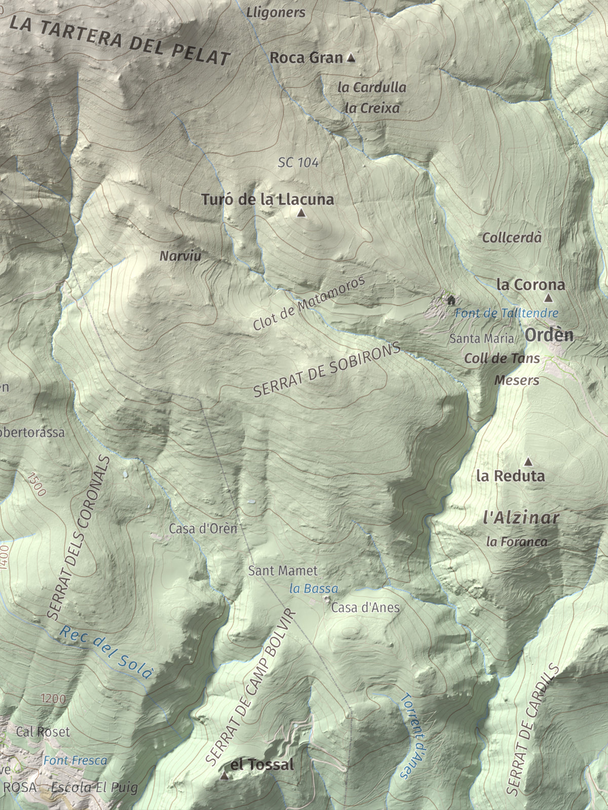 Mapa de relieve de Tossal Gros (Pelat de Talltendre), 2256 m, Cerdanya, lámina 100 Cims de Trobart. Detalle de la zona inferior derecha. 30 × 40 cm.