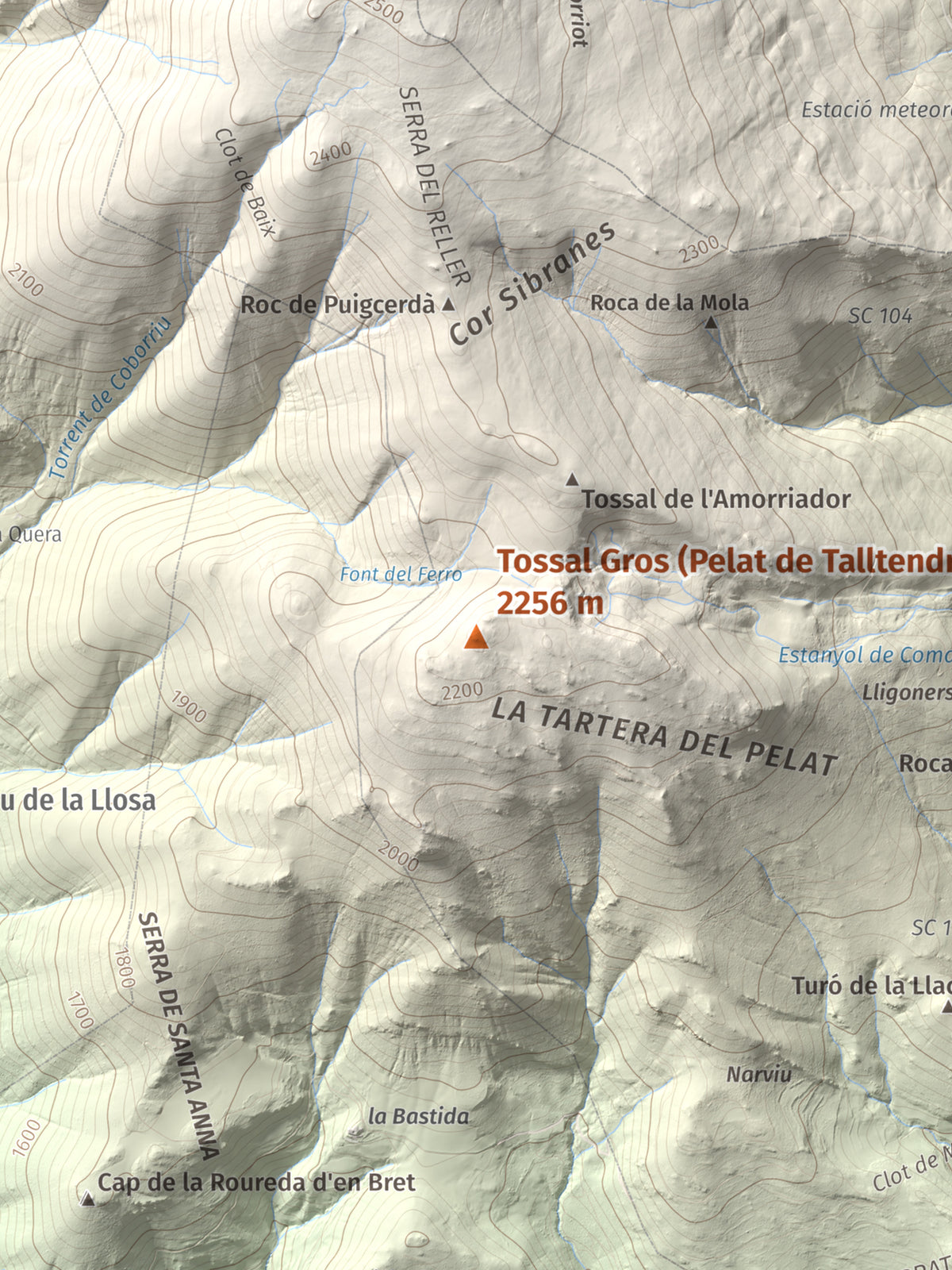 Mapa de relieve de Tossal Gros (Pelat de Talltendre), 2256 m, Cerdanya, lámina 100 Cims de Trobart. Detalle de la zona central. 30 × 40 cm.