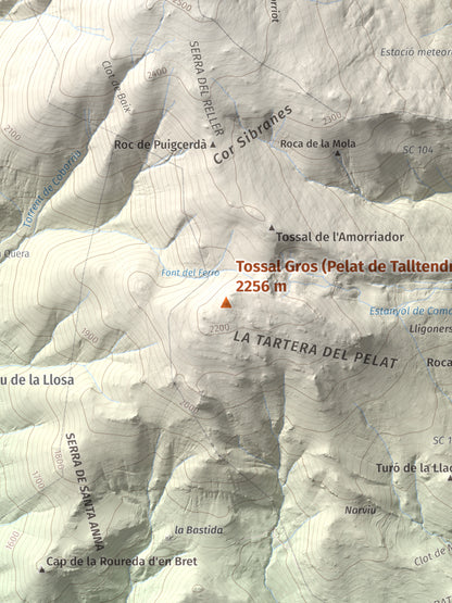 Mapa de relieve de Tossal Gros (Pelat de Talltendre), 2256 m, Cerdanya, lámina 100 Cims de Trobart. Detalle de la zona central. 30 × 40 cm.