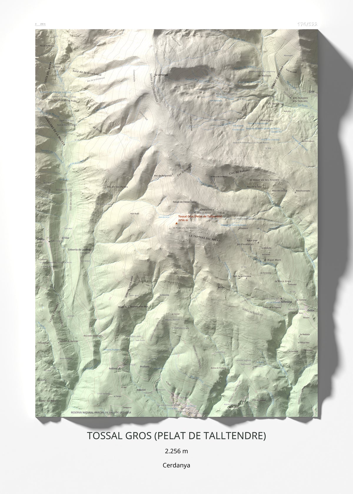 Mapa de relieve de Tossal Gros (Pelat de Talltendre), 2256 m, Cerdanya, lámina 100 Cims de Trobart 50 × 70 cm.
