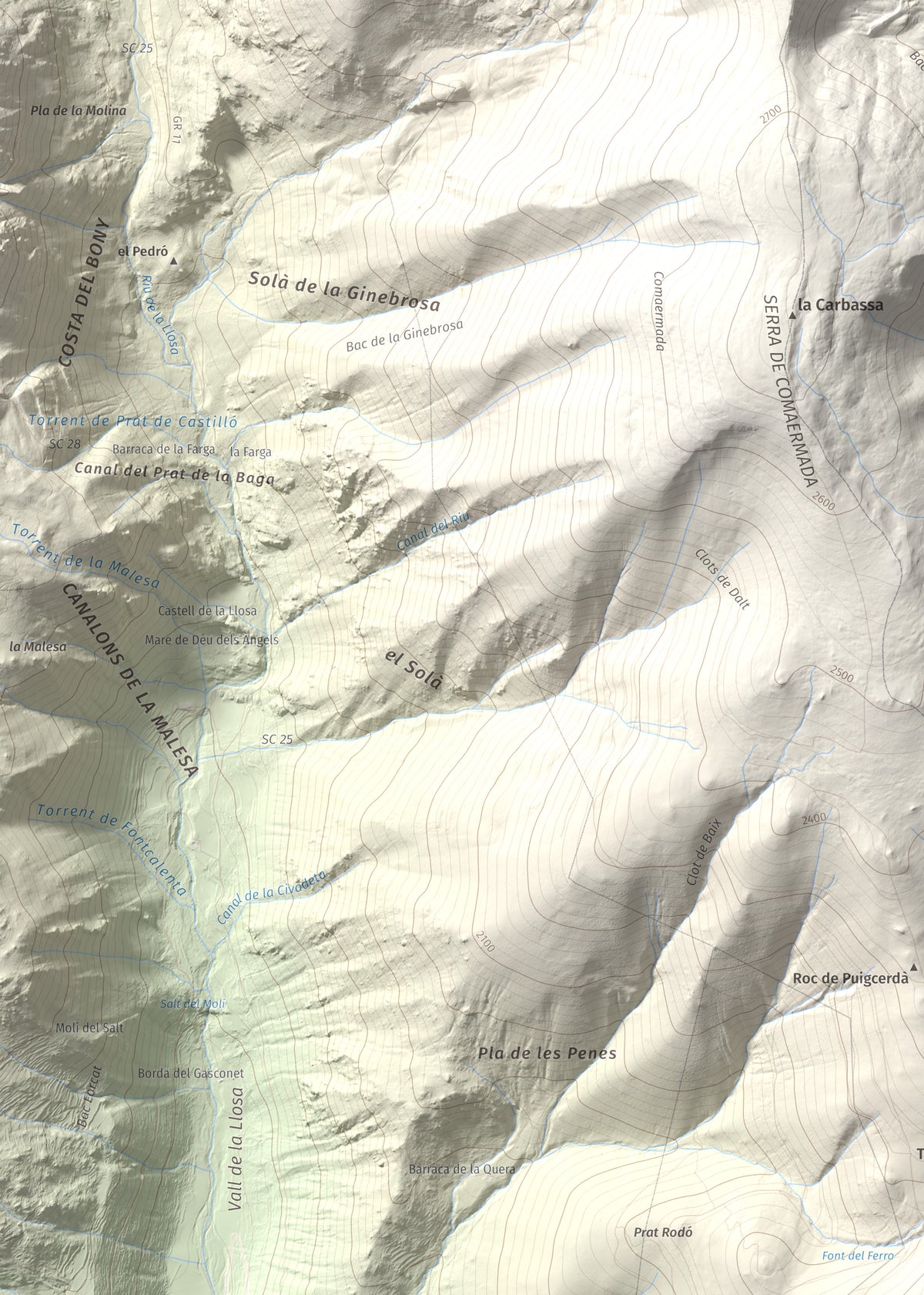 Mapa de relieve de Tossal Gros (Pelat de Talltendre), 2256 m, Cerdanya, lámina 100 Cims de Trobart. Detalle de la zona superior izquierda. 50 × 70 cm.