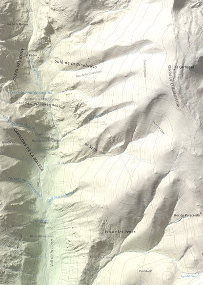 Mapa de relieve de Tossal Gros (Pelat de Talltendre), 2256 m, Cerdanya, lámina 100 Cims de Trobart. Detalle de la zona superior izquierda. 50 × 70 cm.