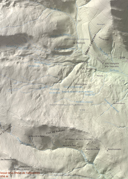 Mapa de relieve de Tossal Gros (Pelat de Talltendre), 2256 m, Cerdanya, lámina 100 Cims de Trobart. Detalle de la zona superior derecha. 50 × 70 cm.