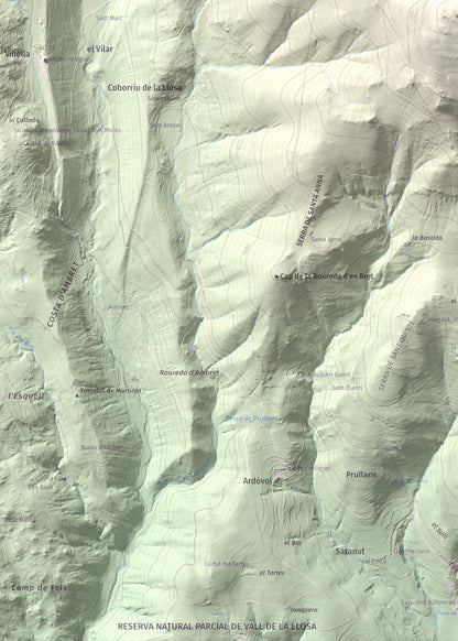 Mapa de relieve de Tossal Gros (Pelat de Talltendre), 2256 m, Cerdanya, lámina 100 Cims de Trobart. Detalle de la zona inferior izquierda. 50 × 70 cm.