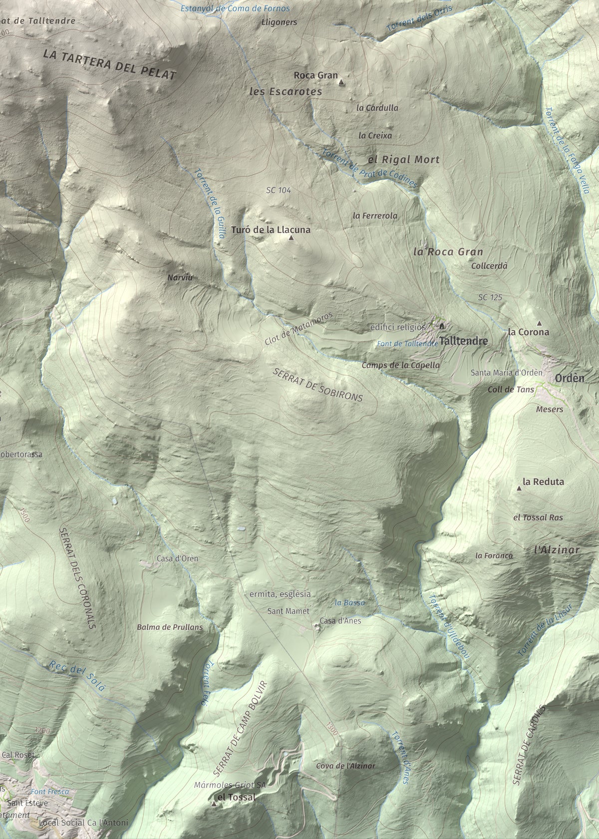 Mapa de relieve de Tossal Gros (Pelat de Talltendre), 2256 m, Cerdanya, lámina 100 Cims de Trobart. Detalle de la zona inferior derecha. 50 × 70 cm.