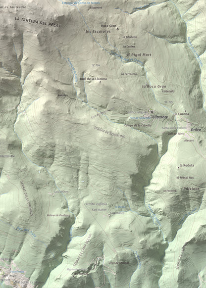 Mapa de relieve de Tossal Gros (Pelat de Talltendre), 2256 m, Cerdanya, lámina 100 Cims de Trobart. Detalle de la zona inferior derecha. 50 × 70 cm.