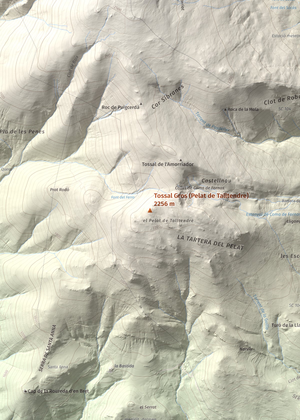 Mapa de relieve de Tossal Gros (Pelat de Talltendre), 2256 m, Cerdanya, lámina 100 Cims de Trobart. Detalle de la zona central. 50 × 70 cm.