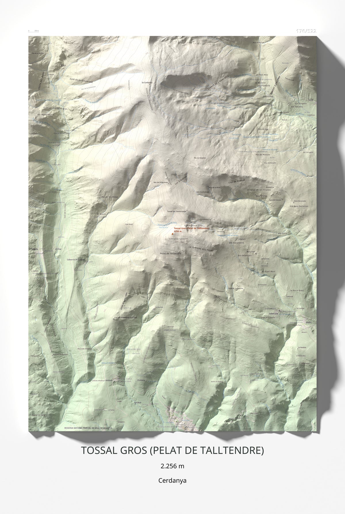 Mapa de relieve de Tossal Gros (Pelat de Talltendre), 2256 m, Cerdanya, lámina 100 Cims de Trobart 61 × 91 cm.