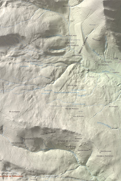 Mapa de relieve de Tossal Gros (Pelat de Talltendre), 2256 m, Cerdanya, lámina 100 Cims de Trobart. Detalle de la zona superior derecha. 61 × 91 cm.