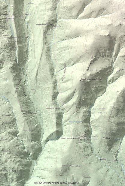 Mapa de relieve de Tossal Gros (Pelat de Talltendre), 2256 m, Cerdanya, lámina 100 Cims de Trobart. Detalle de la zona inferior izquierda. 61 × 91 cm.