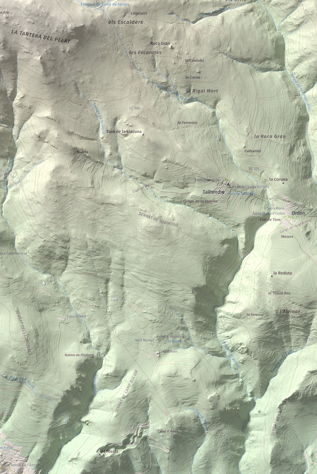 Mapa de relieve de Tossal Gros (Pelat de Talltendre), 2256 m, Cerdanya, lámina 100 Cims de Trobart. Detalle de la zona inferior derecha. 61 × 91 cm.
