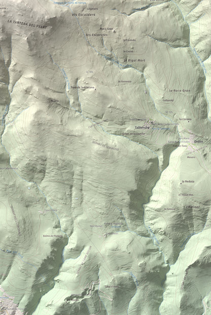 Mapa de relieve de Tossal Gros (Pelat de Talltendre), 2256 m, Cerdanya, lámina 100 Cims de Trobart. Detalle de la zona inferior derecha. 61 × 91 cm.