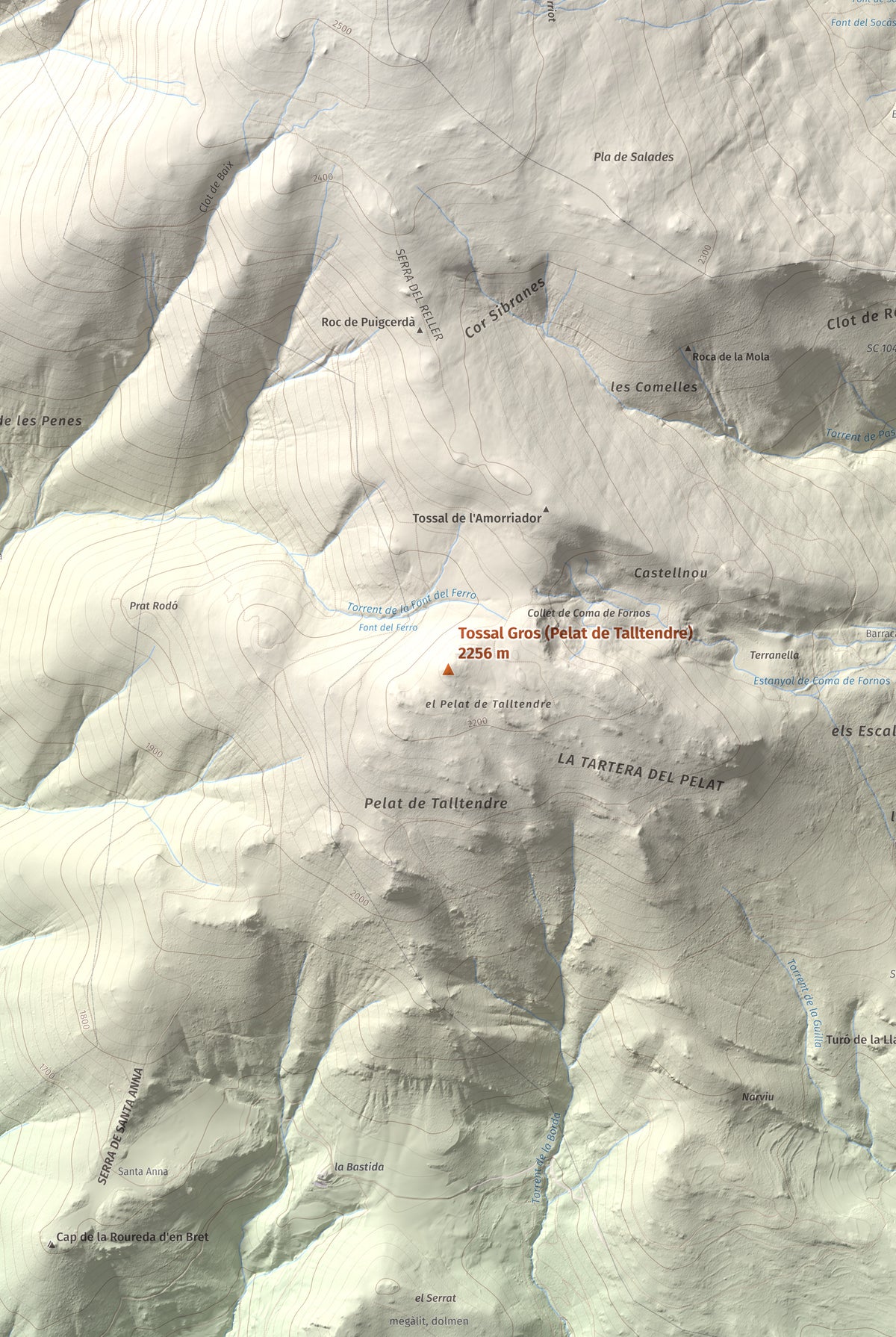 Mapa de relieve de Tossal Gros (Pelat de Talltendre), 2256 m, Cerdanya, lámina 100 Cims de Trobart. Detalle de la zona central. 61 × 91 cm.