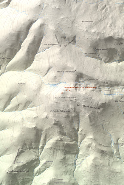 Mapa de relieve de Tossal Gros (Pelat de Talltendre), 2256 m, Cerdanya, lámina 100 Cims de Trobart. Detalle de la zona central. 61 × 91 cm.