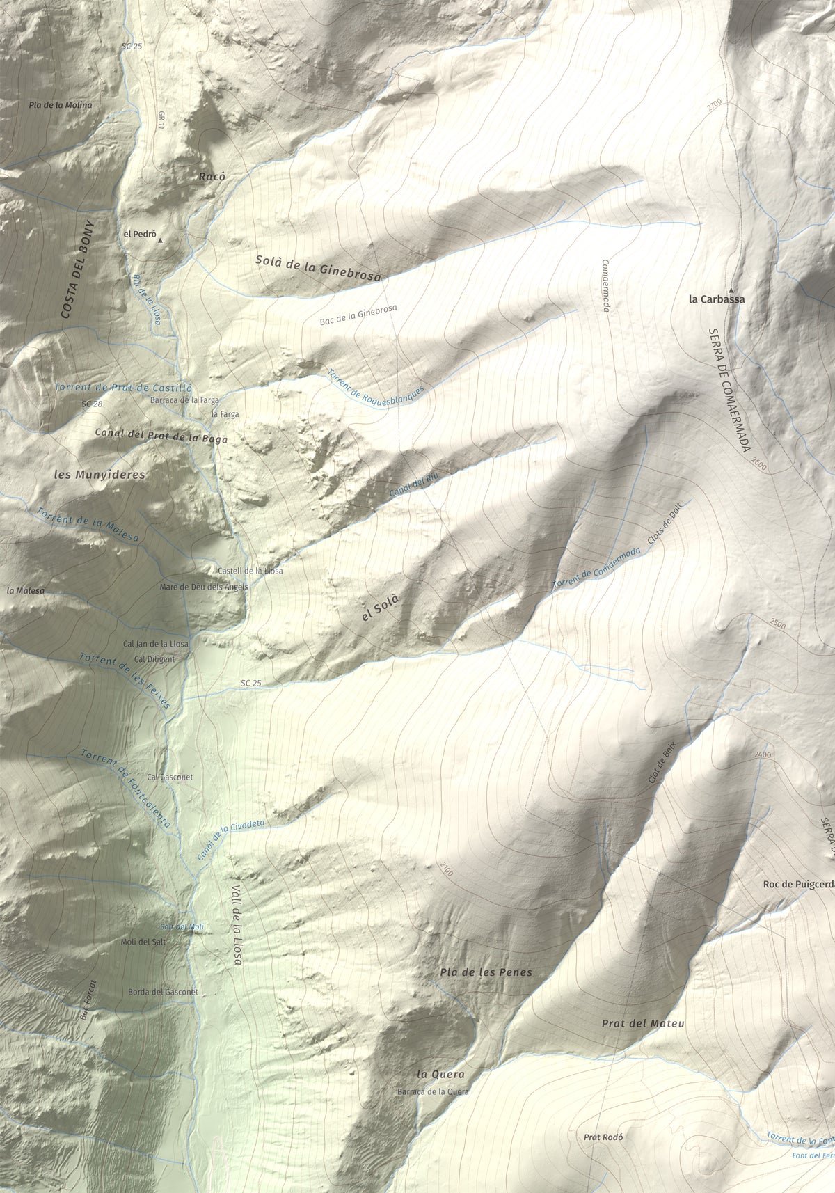 Mapa de relieve de Tossal Gros (Pelat de Talltendre), 2256 m, Cerdanya, lámina 100 Cims de Trobart. Detalle de la zona superior izquierda. 70 × 100 cm.