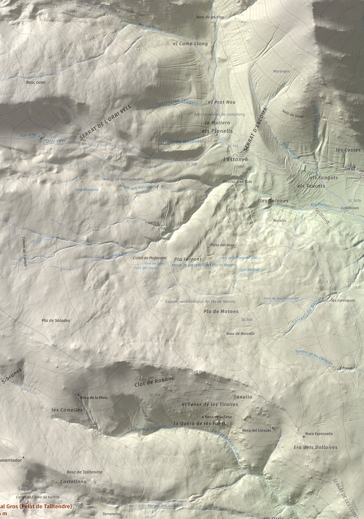 Mapa de relieve de Tossal Gros (Pelat de Talltendre), 2256 m, Cerdanya, lámina 100 Cims de Trobart. Detalle de la zona superior derecha. 70 × 100 cm.