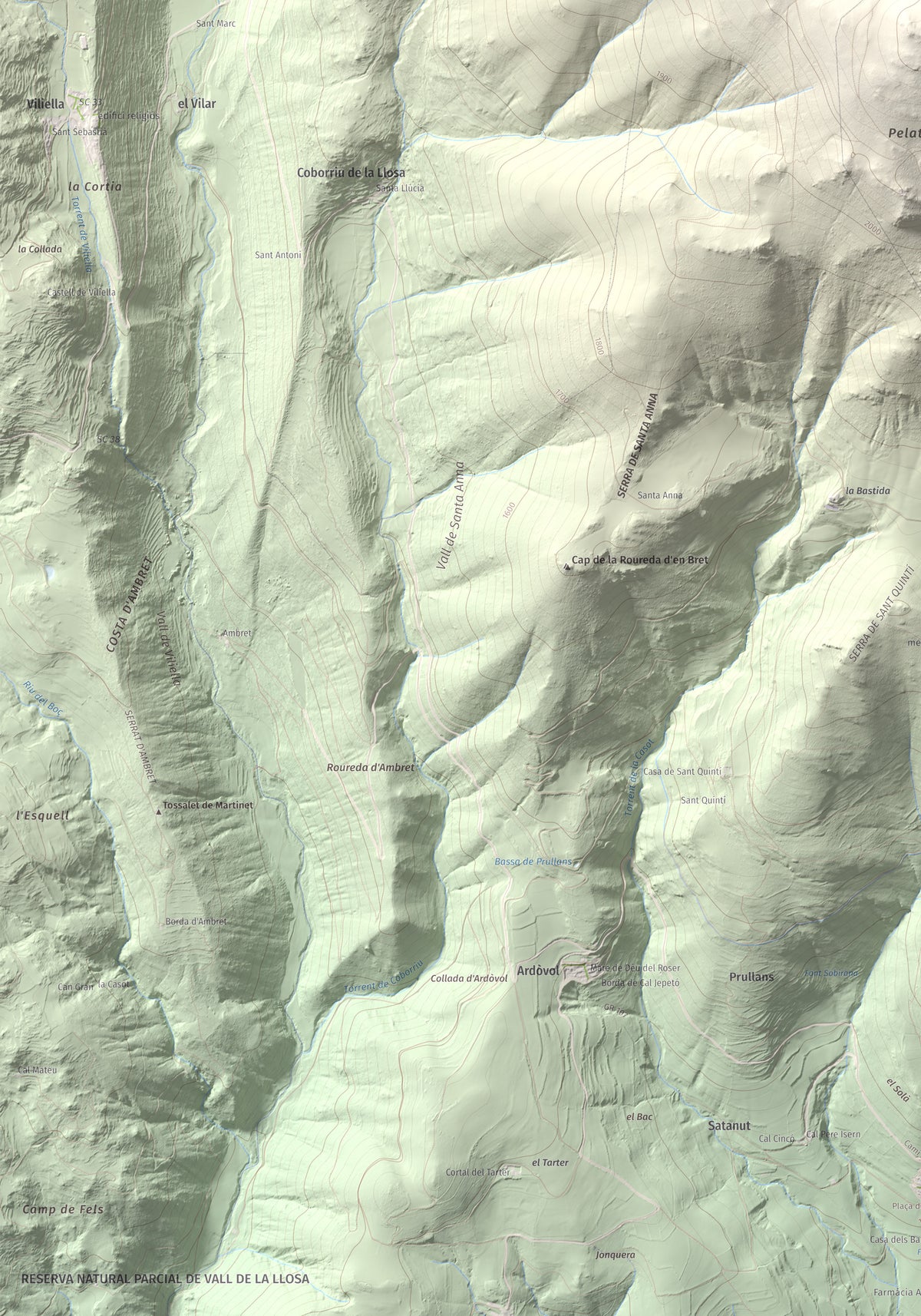 Mapa de relieve de Tossal Gros (Pelat de Talltendre), 2256 m, Cerdanya, lámina 100 Cims de Trobart. Detalle de la zona inferior izquierda. 70 × 100 cm.
