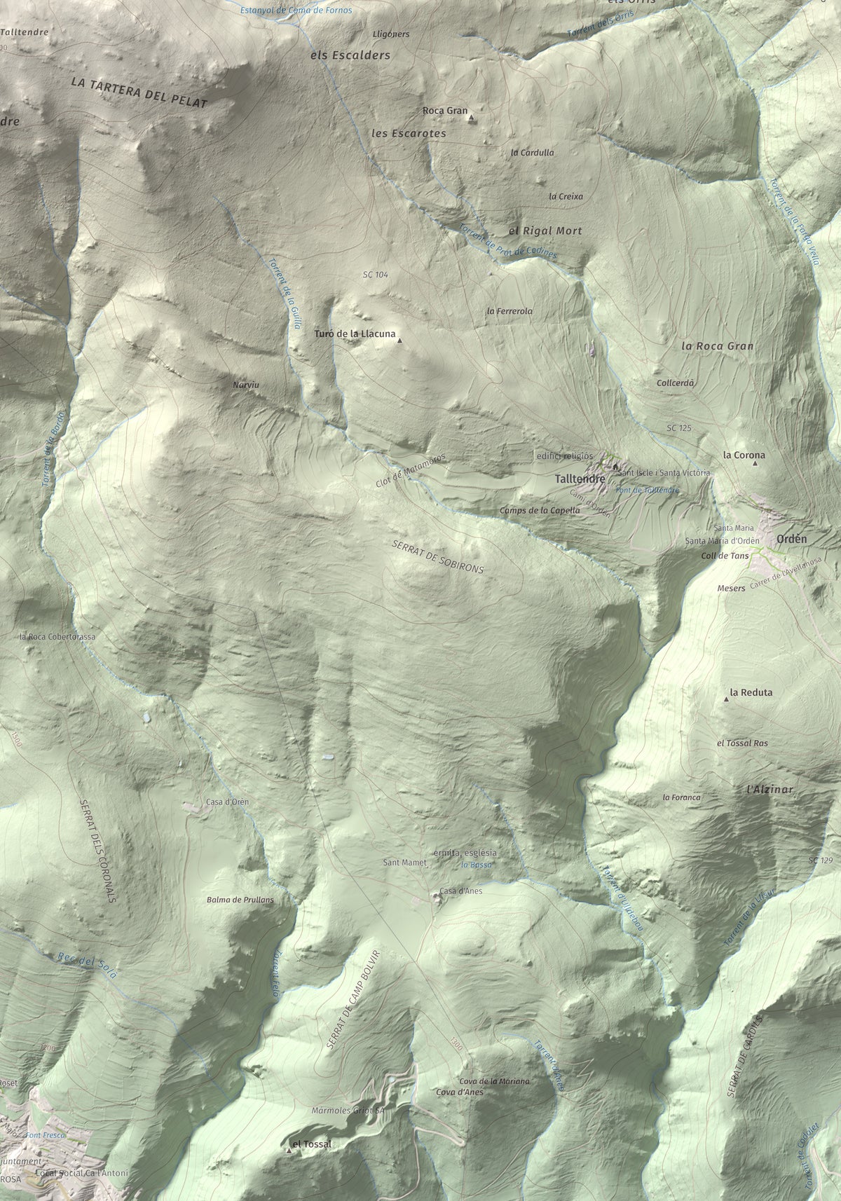 Mapa de relieve de Tossal Gros (Pelat de Talltendre), 2256 m, Cerdanya, lámina 100 Cims de Trobart. Detalle de la zona inferior derecha. 70 × 100 cm.