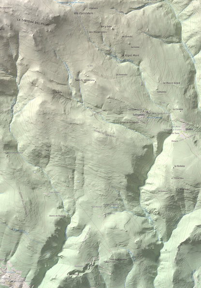 Mapa de relieve de Tossal Gros (Pelat de Talltendre), 2256 m, Cerdanya, lámina 100 Cims de Trobart. Detalle de la zona inferior derecha. 70 × 100 cm.
