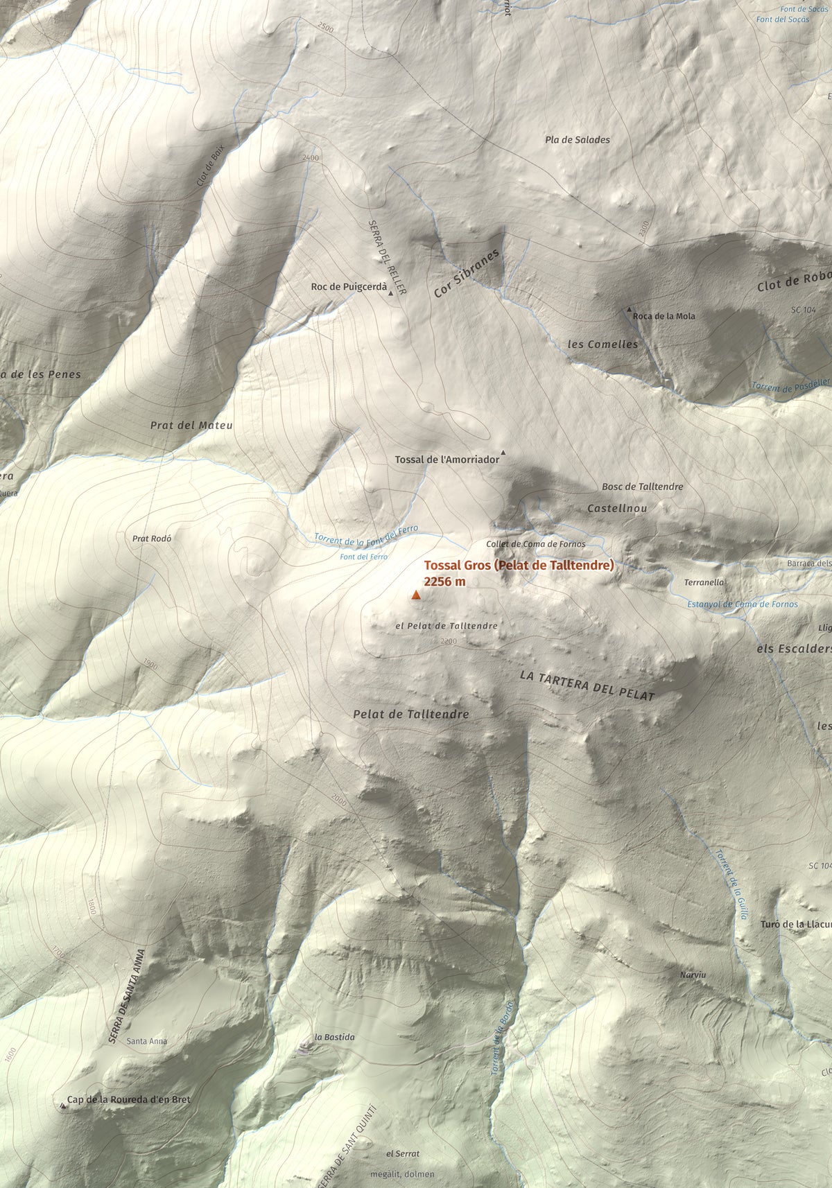 Mapa de relieve de Tossal Gros (Pelat de Talltendre), 2256 m, Cerdanya, lámina 100 Cims de Trobart. Detalle de la zona central. 70 × 100 cm.