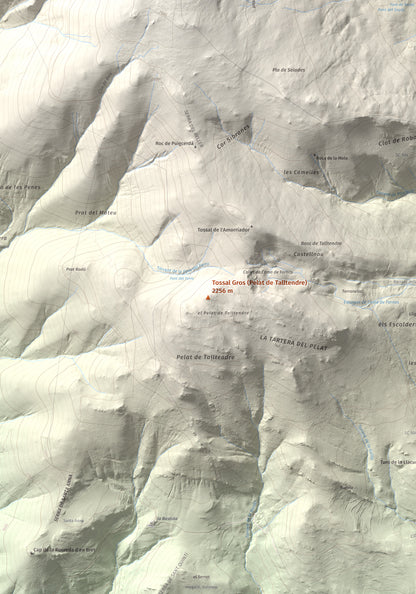 Mapa de relieve de Tossal Gros (Pelat de Talltendre), 2256 m, Cerdanya, lámina 100 Cims de Trobart. Detalle de la zona central. 70 × 100 cm.