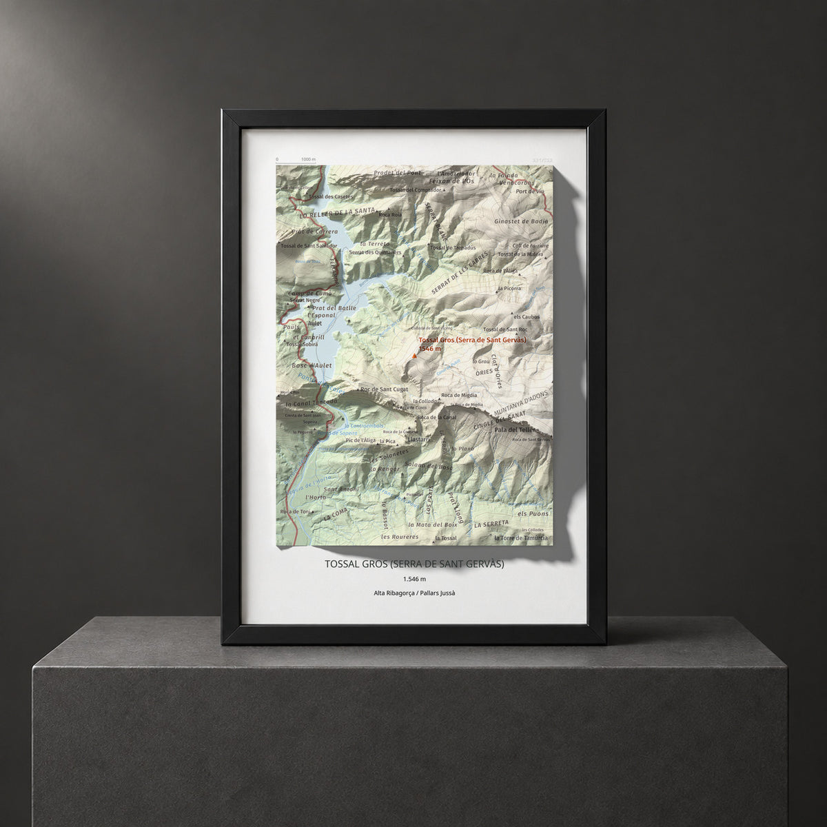 Mapa de relieve de Tossal Gros (Serra de Sant Gervàs), 1546 m, Alta Ribagorça · Pallars Jussà, lámina 100 Cims de Trobart. Presentación enmarcada. 21 × 30 cm.