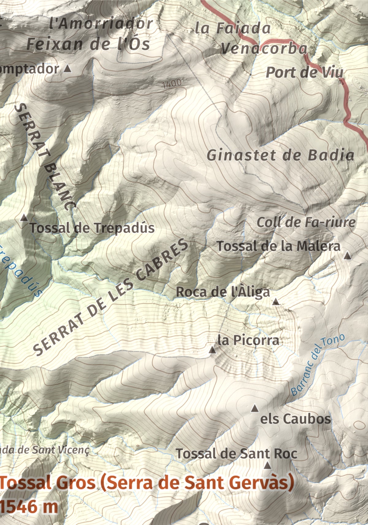 Mapa de relieve de Tossal Gros (Serra de Sant Gervàs), 1546 m, Alta Ribagorça · Pallars Jussà, lámina 100 Cims de Trobart. Detalle de la zona superior derecha. 21 × 30 cm.