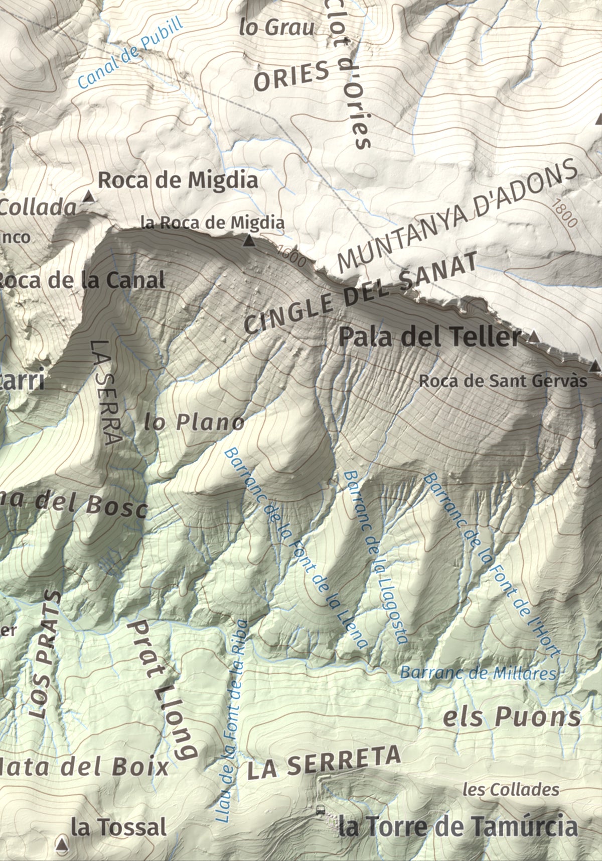 Mapa de relieve de Tossal Gros (Serra de Sant Gervàs), 1546 m, Alta Ribagorça · Pallars Jussà, lámina 100 Cims de Trobart. Detalle de la zona inferior derecha. 21 × 30 cm.