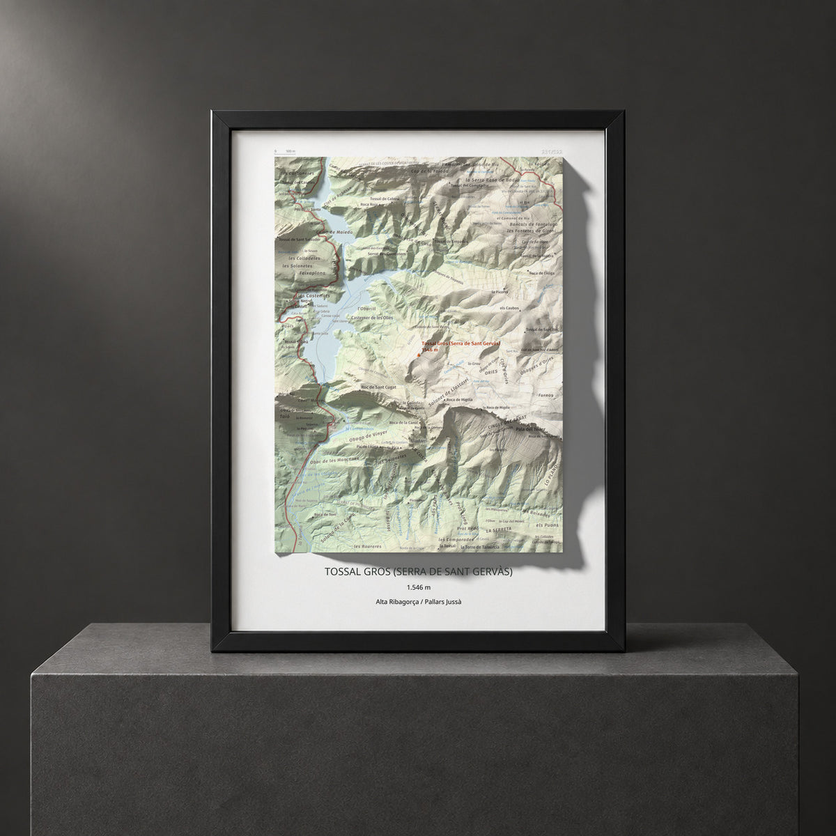 Mapa de relieve de Tossal Gros (Serra de Sant Gervàs), 1546 m, Alta Ribagorça · Pallars Jussà, lámina 100 Cims de Trobart. Presentación enmarcada. 30 × 40 cm.