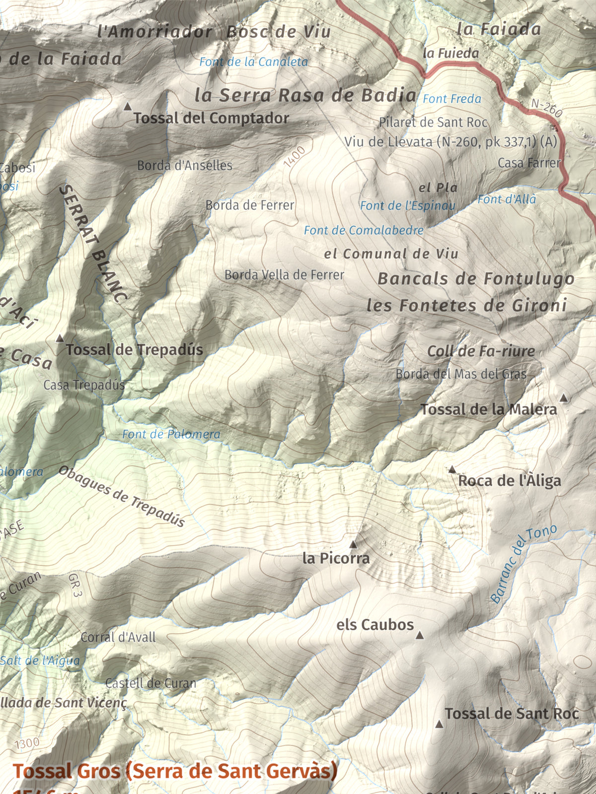 Mapa de relieve de Tossal Gros (Serra de Sant Gervàs), 1546 m, Alta Ribagorça · Pallars Jussà, lámina 100 Cims de Trobart. Detalle de la zona superior derecha. 30 × 40 cm.