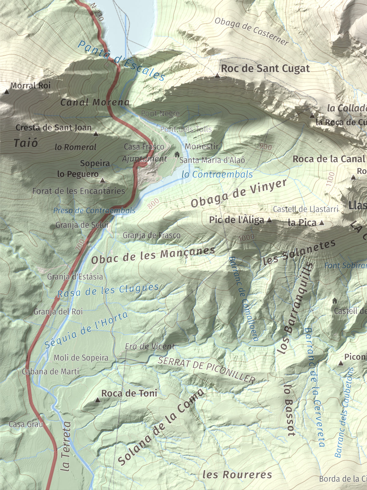 Mapa de relieve de Tossal Gros (Serra de Sant Gervàs), 1546 m, Alta Ribagorça · Pallars Jussà, lámina 100 Cims de Trobart. Detalle de la zona inferior izquierda. 30 × 40 cm.