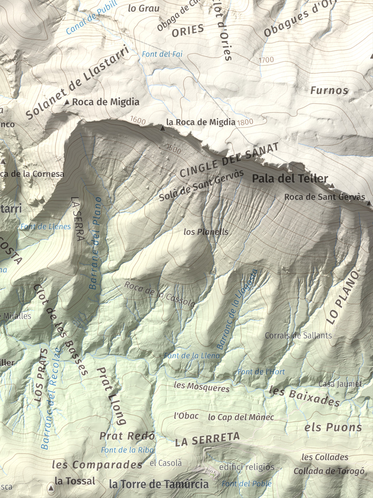 Mapa de relieve de Tossal Gros (Serra de Sant Gervàs), 1546 m, Alta Ribagorça · Pallars Jussà, lámina 100 Cims de Trobart. Detalle de la zona inferior derecha. 30 × 40 cm.