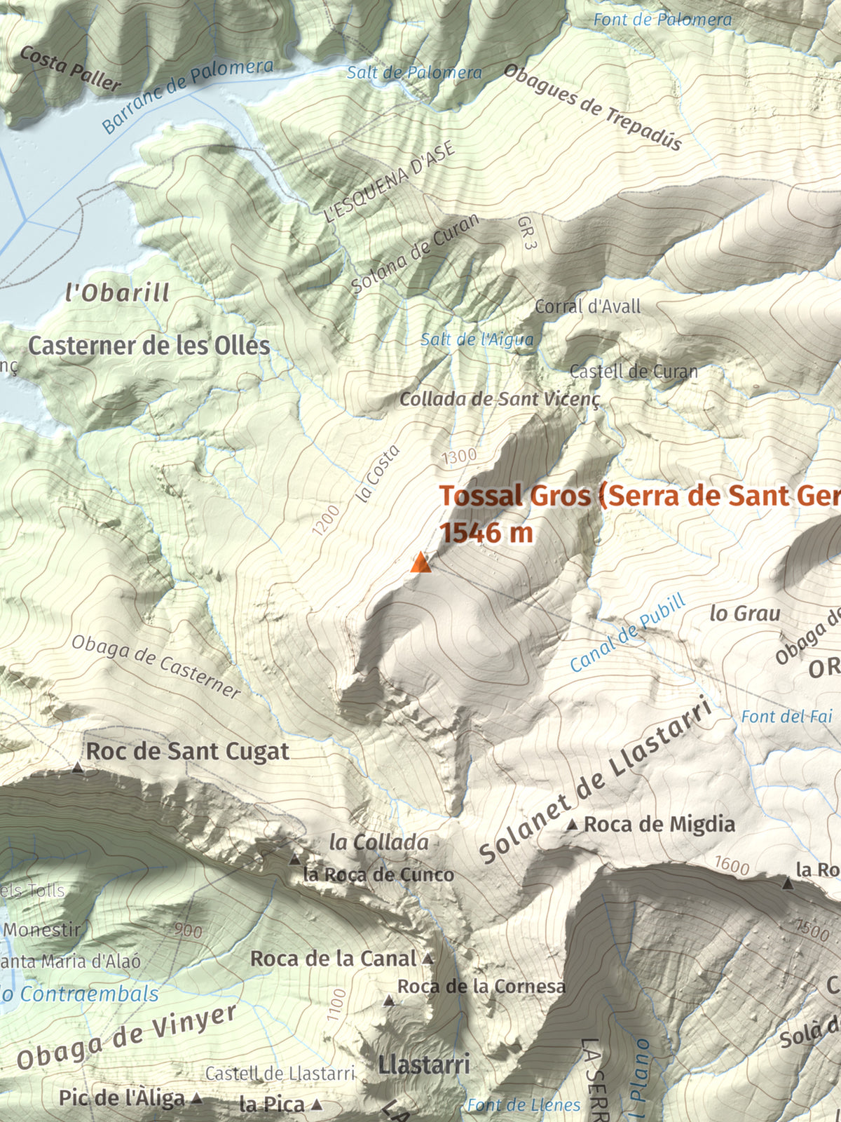 Mapa de relieve de Tossal Gros (Serra de Sant Gervàs), 1546 m, Alta Ribagorça · Pallars Jussà, lámina 100 Cims de Trobart. Detalle de la zona central. 30 × 40 cm.