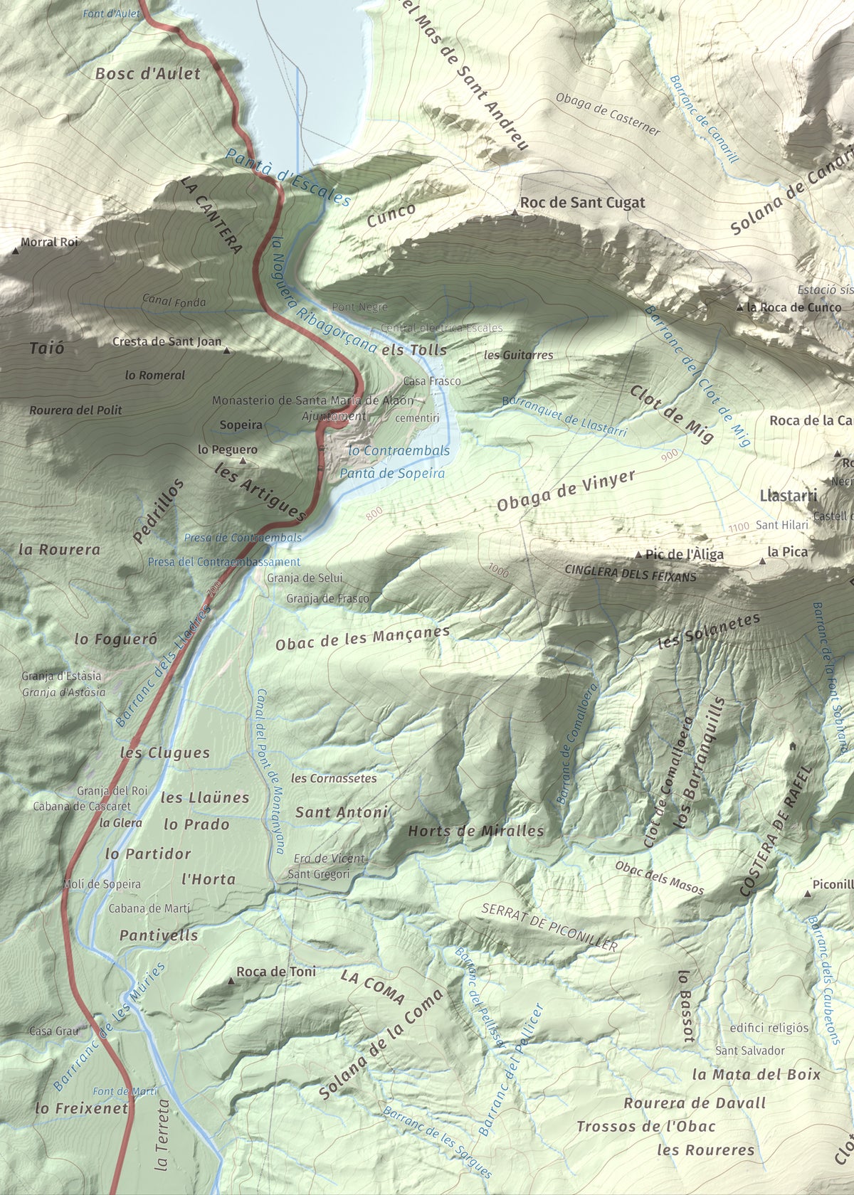 Mapa de relieve de Tossal Gros (Serra de Sant Gervàs), 1546 m, Alta Ribagorça · Pallars Jussà, lámina 100 Cims de Trobart. Detalle de la zona inferior izquierda. 50 × 70 cm.