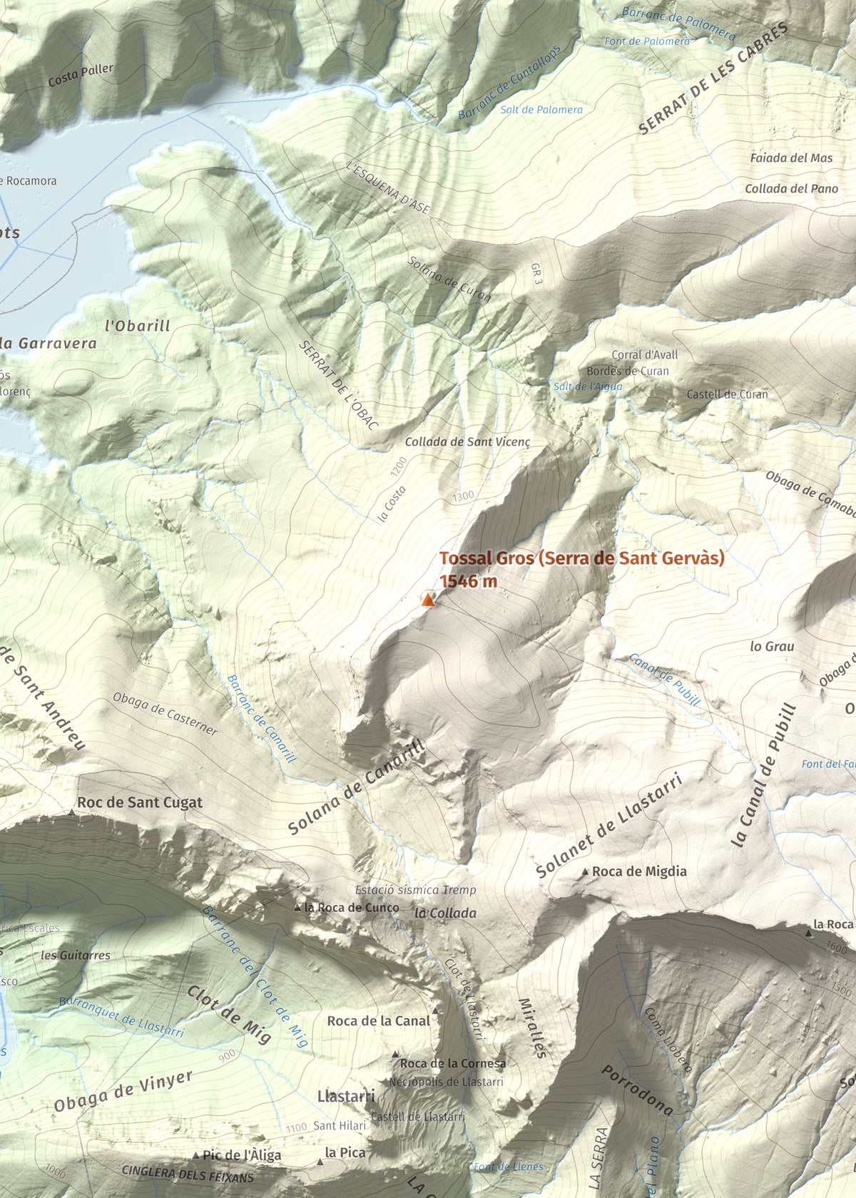 Mapa de relieve de Tossal Gros (Serra de Sant Gervàs), 1546 m, Alta Ribagorça · Pallars Jussà, lámina 100 Cims de Trobart. Detalle de la zona central. 50 × 70 cm.