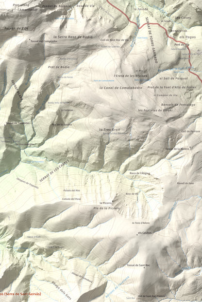 Mapa de relieve de Tossal Gros (Serra de Sant Gervàs), 1546 m, Alta Ribagorça · Pallars Jussà, lámina 100 Cims de Trobart. Detalle de la zona superior derecha. 61 × 91 cm.