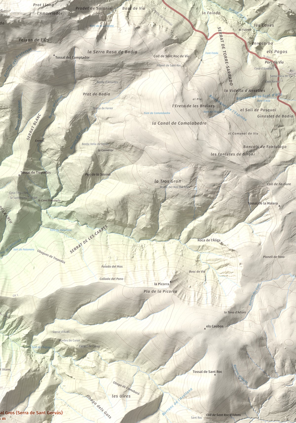 Mapa de relieve de Tossal Gros (Serra de Sant Gervàs), 1546 m, Alta Ribagorça · Pallars Jussà, lámina 100 Cims de Trobart. Detalle de la zona superior derecha. 70 × 100 cm.